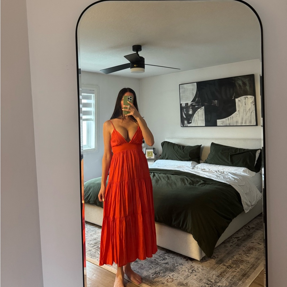 The Post small coral red summer flowy boho tiered dress